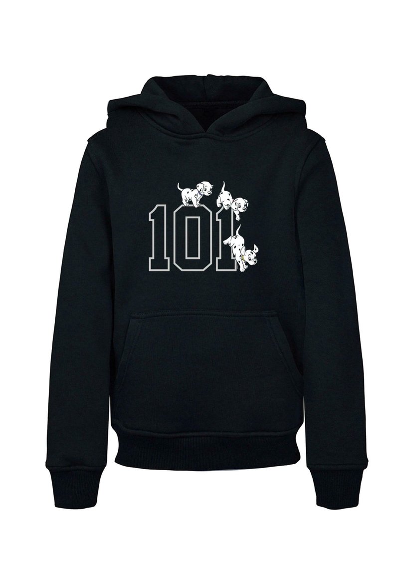 Čierna mikina s kapucňou s bielou grafikou štyroch hravých dalmatínskych šteniat nad číslom "101" v tučnom šedom písmene. Obsahuje predné vrecko typu kengura.
