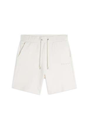 Shorts en coton beige clair avec une taille élastique, un cordon de serrage, deux poches latérales et un logo en relief sur le devant.
