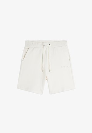 Pantaloni corti in cotone beige chiaro con cintura elasticizzata, cordoncino, due tasche laterali e dettaglio logo impresso sul davanti.