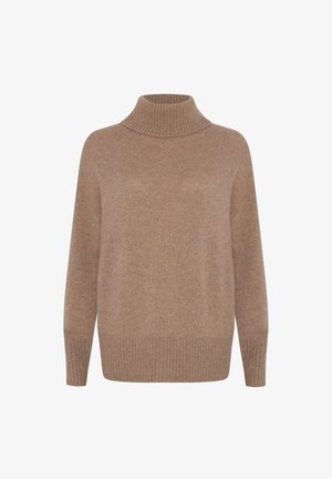 Light brown, ribbed turtleneck sweater with long sleeves and a relaxed fit. Soft texture with a smooth finish. Simple, versatile design.
