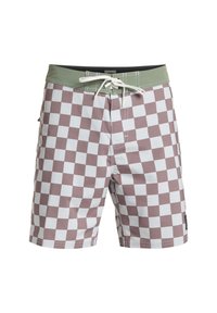 Checkered swim trunks featuring alternating white and mauve squares, green waistband with drawstring, and side pocket detail.