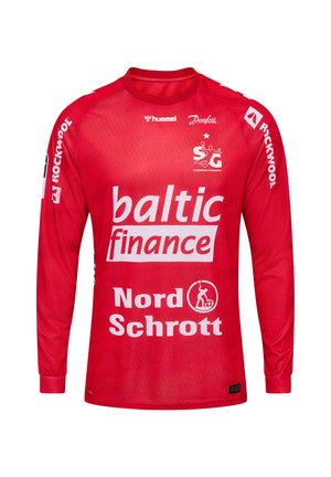 Maillot de sport rouge à manches longues avec des logos de sponsors blancs, y compris Baltic Finance, Nord Schrott, Rockwool et l'emblème du SG Flensburg-Handewitt.