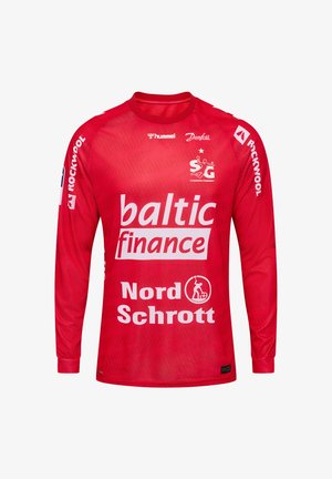 Red long-sleeve sports jersey with white sponsor logos including Baltic Finance, Nord Schrott, Rockwool, and SG Flensburg-Handewitt emblem.