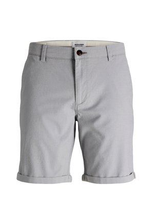 Shorts décontractés pour hommes de couleur gris clair, avec ourlet roulé, fermeture à bouton, passants pour ceinture et poches avant.