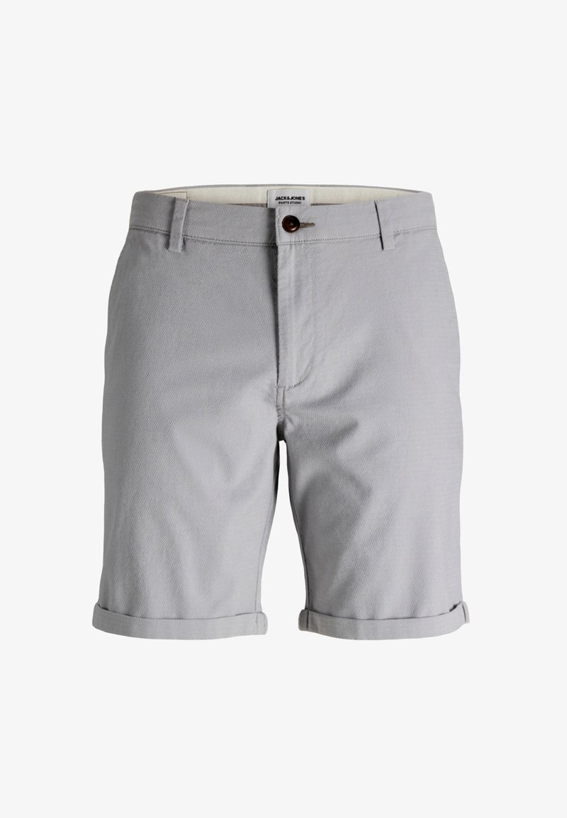 Shorts décontractés pour hommes de couleur gris clair, avec ourlet roulé, fermeture à bouton, passants pour ceinture et poches avant.