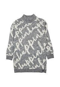 Maglione grigio a maglia con motivo di scrittura in corsivo bianco, maniche lunghe e colletto a scollo alla coreana con costine.