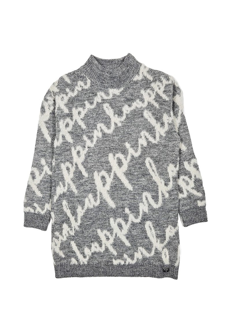 Maglione grigio a maglia con motivo di scrittura in corsivo bianco, maniche lunghe e colletto a scollo alla coreana con costine.