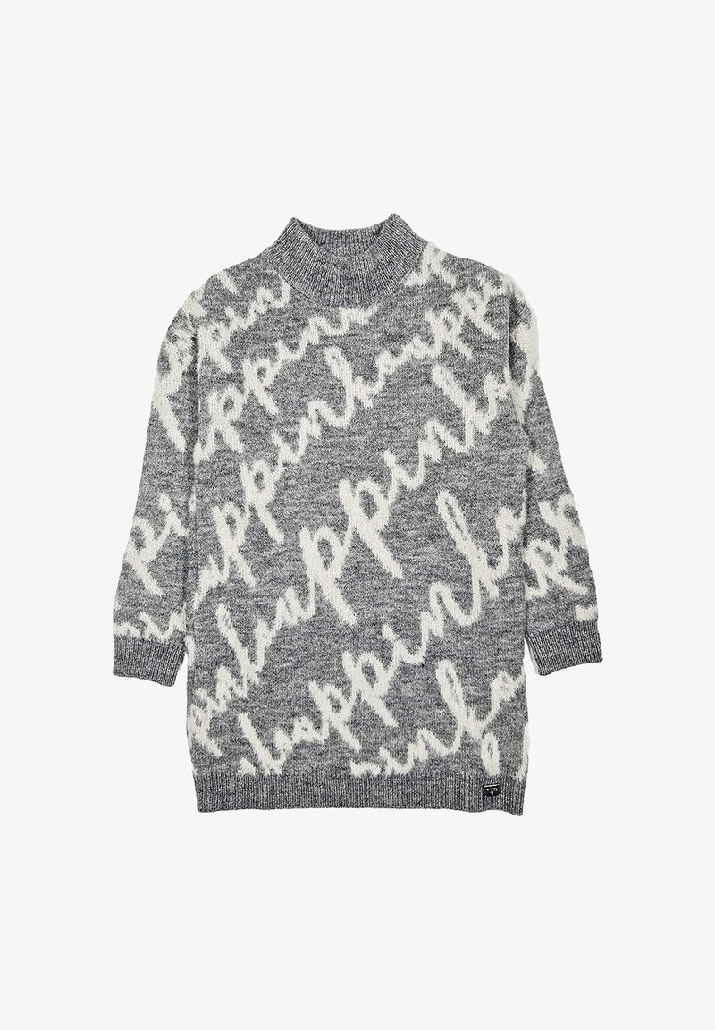 Maglione grigio a maglia con motivo di scrittura in corsivo bianco, maniche lunghe e colletto a scollo alla coreana con costine.