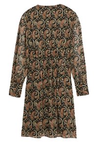 Abito nero con maniche lunghe, caratterizzato da un motivo paisley in beige e verde, vita cinchata e una vestibilità comoda. Tessuto leggero e strutturato.