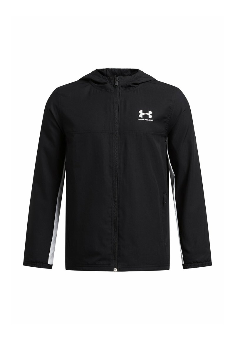 Juodas gobtuvas striukė su visiškai užtrauktuku, turinti baltas šonines detales ir Under Armour logotipą ant krūtinės. Pagaminta iš lengvos medžiagos.