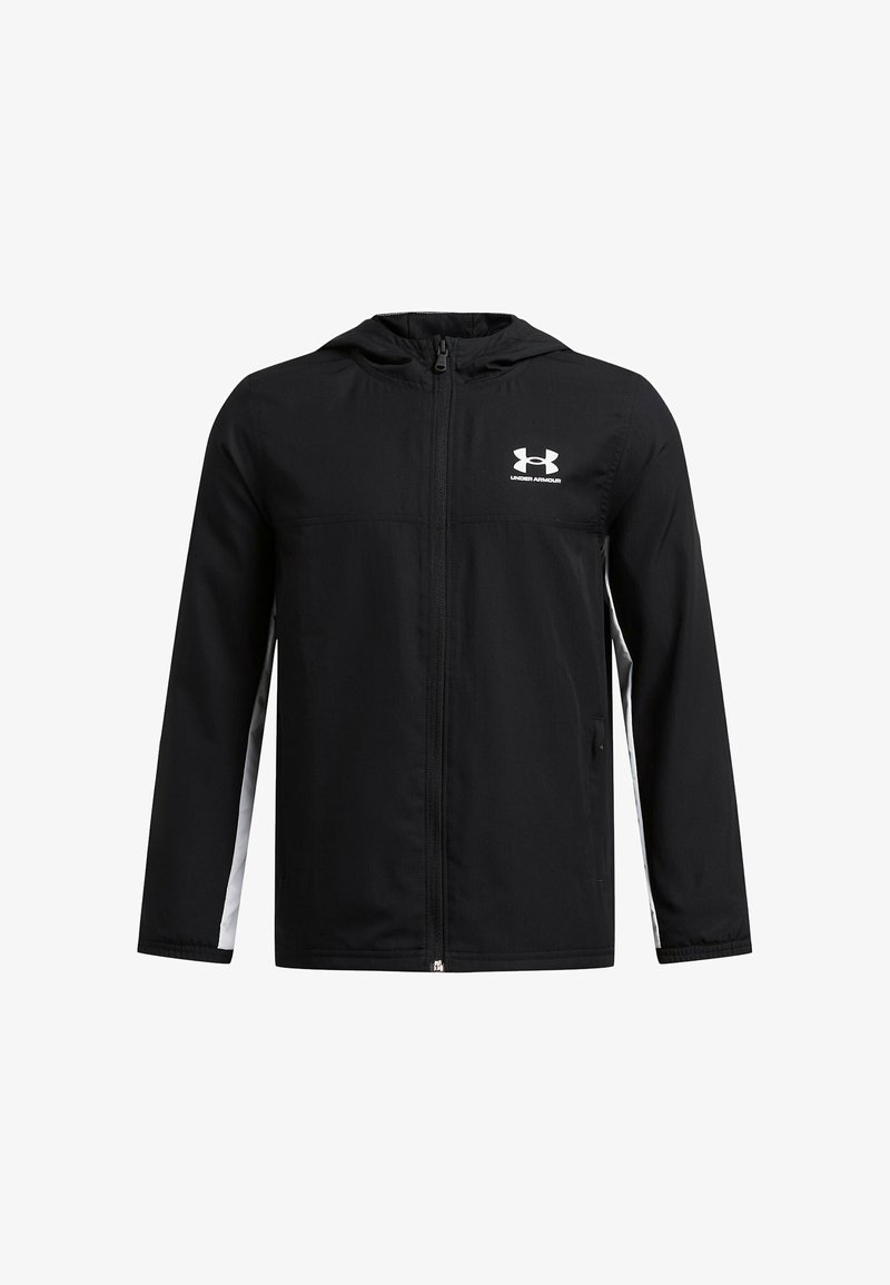 Juodas gobtuvas striukė su visiškai užtrauktuku, turinti baltas šonines detales ir Under Armour logotipą ant krūtinės. Pagaminta iš lengvos medžiagos.