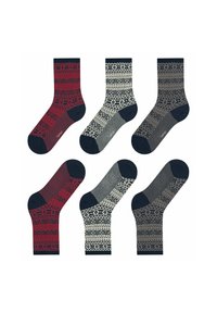 Set aus sechs Socken mit verschiedenen Mustern. Die Materialien enthalten Strickstoff in Rot, Creme und Marineblau, ergänzt durch kontrastierende Zehen- und Fersenakzente.