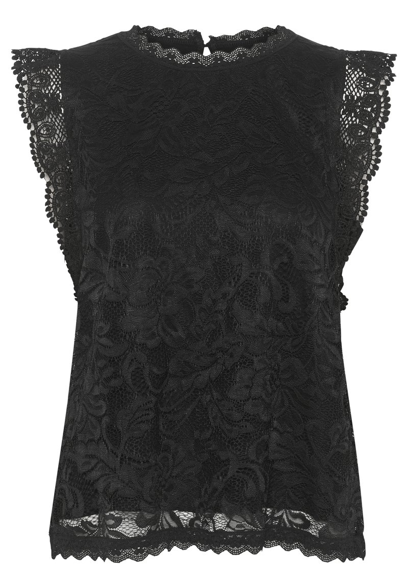 Czarna koronkowa bluzka z kwiatowymi wzorami, falbaniastymi krawędziami i rękawami typu cap. Zapięcie na guziki z tyłu. Przezroczysta tekstura z płynącym fasonem.