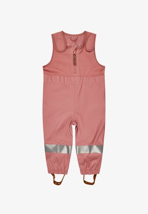Rosa wasserdichte Latzhose mit strukturiertem Obermaterial, reflektierenden silbernen Streifen, Reißverschluss und verstellbaren Trägern für einen sicheren Sitz.