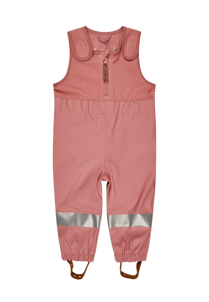 Rosa wasserdichte Latzhose mit strukturiertem Obermaterial, reflektierenden silbernen Streifen, Reißverschluss und verstellbaren Trägern für einen sicheren Sitz.