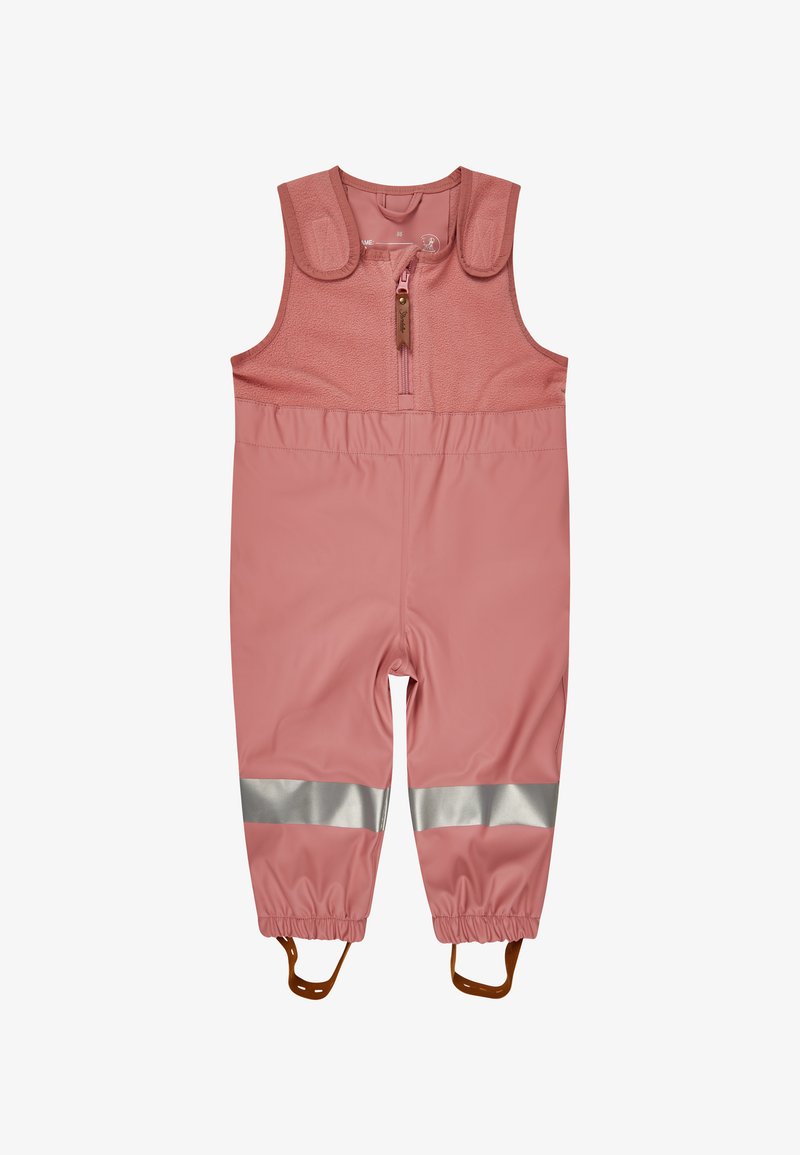 Rosa wasserdichte Latzhose mit strukturiertem Obermaterial, reflektierenden silbernen Streifen, Reißverschluss und verstellbaren Trägern für einen sicheren Sitz.