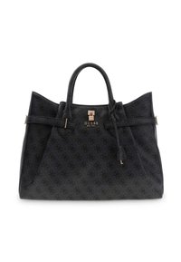 Schwarze Tragetasche aus strukturiertem synthetischem Material, mit einem Logo-Muster, goldfarbenen Beschlägen, zwei Griffen und einem abnehmbaren Seitengurt.