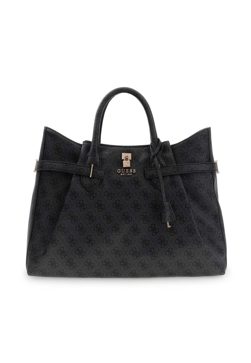 Schwarze Tragetasche aus strukturiertem synthetischem Material, mit einem Logo-Muster, goldfarbenen Beschlägen, zwei Griffen und einem abnehmbaren Seitengurt.