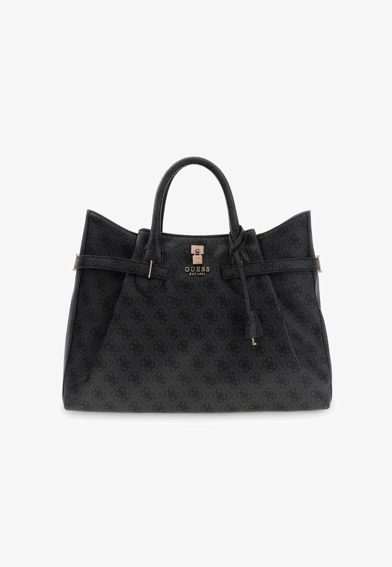 Schwarze Tragetasche aus strukturiertem synthetischem Material, mit einem Logo-Muster, goldfarbenen Beschlägen, zwei Griffen und einem abnehmbaren Seitengurt.