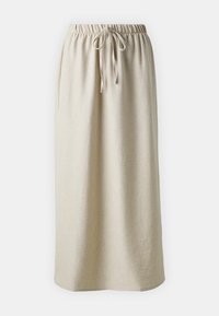 Beige linned maxi nederdel med elastisk talje og justerbar snøre; afslappet pasform med sidelommer og en glat tekstur.
