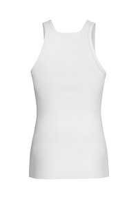 Ein schlichtes weißes ärmelloses Tanktop, von hinten gesehen, mit Racerback-Ausschnitt und enganliegender Form vor einem weißen Hintergrund.