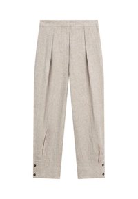 Beige linnenbroek met plooien aan de voorkant en knoopdetails bij de manchetten, voorzien van een rechte pijp en een hoge taille.