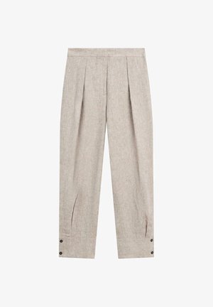 Beige linnedbukser med frontplisseringer og knapdetaljer ved manchetterne, med en lige benpasform og høj talje.