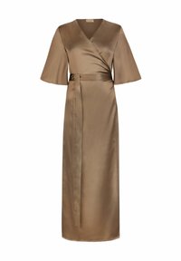 Braunes Satin-Wickelkleid mit V-Ausschnitt, weiten Ärmeln und passendem Gürtel. Glatte Textur, bodenlanger Schnitt und schlichtes Silhouette.