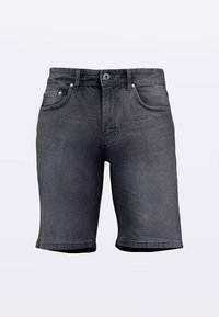 Pantaloni scurți din denim gri cu croială dreaptă, cinci buzunare și închidere cu nasture. Prezintă o textură ușor estompată și margini tivite.