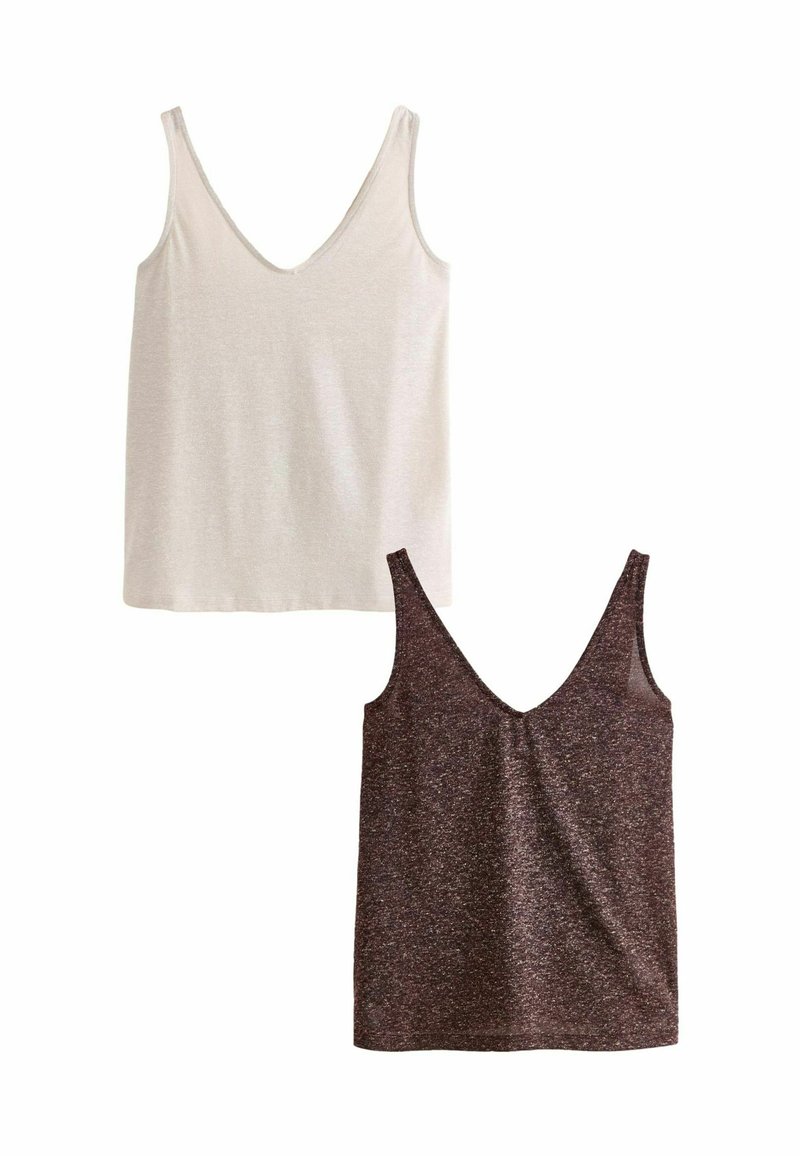 Zwei ärmellose Tanktops: eines in hellbeige mit einem tiefen V-Ausschnitt und eines in Dunkelbraun mit strukturiertem Schimmer, das ein ähnliches Design aufweist.