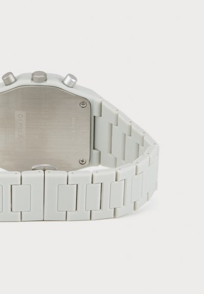 White silicone watch with an octagonal silver-tone metal case, three pushers, and a linked band featuring rectangular links.