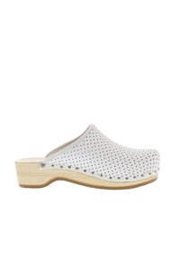 White perforated clogs with a wooden sole, featuring silver studs along the side and a curved heel. Smooth surface and round toe design.
