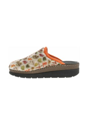 Sabots en fourrure avec un motif de pois multicolores sur fond beige, bord orange et semelle épaisse noire, présentant une surface texturée et une forme arrondie.