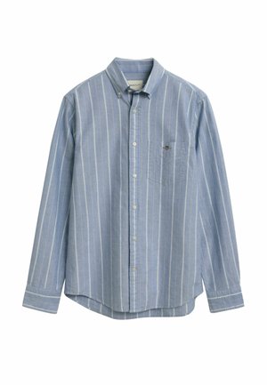 Light blue long-sleeve shirt with white vertical stripes, button-down collar, single chest pocket, and soft fabric texture.
