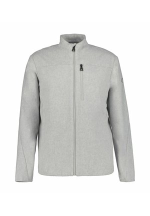 Giacca grigia con colletto alto, zip frontale completa e tasca sul petto. La texture liscia e la vestibilità su misura esaltano le linee pulite.