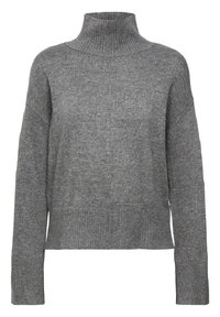 Pull en maille gris à col roulé avec manches longues et poignets et ourlet côtelés, présenté sur fond blanc.