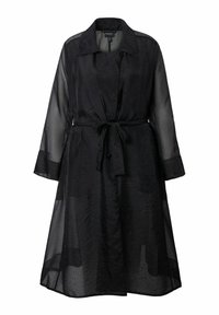 Black, sheer long coat with a collar. Soft, crinkled texture, belted at the waist, featuring long sleeves and a button closure.