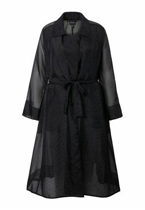 Manteau long noir, transparent, avec un col. Texture douce et froissée, ceinturé à la taille, doté de manches longues et d'une fermeture à boutons.