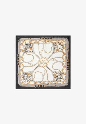 Foulard quadrato in seta con un centro crema, motivi di catene dorate, dettagli di stampa animale nera e un bordo nero. Presenta un design decorativo.