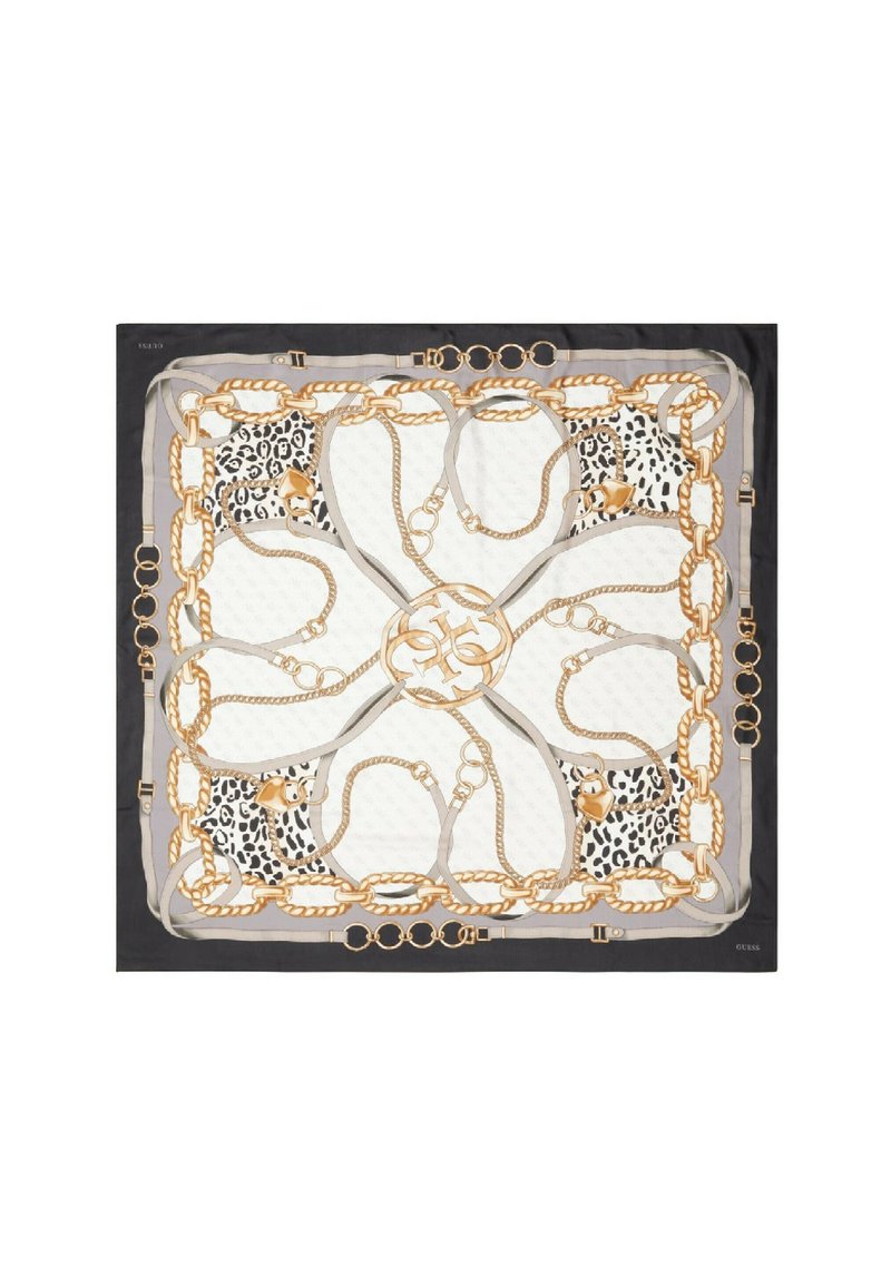 Foulard quadrato in seta con un centro crema, motivi di catene dorate, dettagli di stampa animale nera e un bordo nero. Presenta un design decorativo.