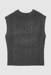 Pull sans manches gris foncé en maille avec un motif torsadé, encolure arrondie et ourlet côtelé. Texture douce, design décontracté.