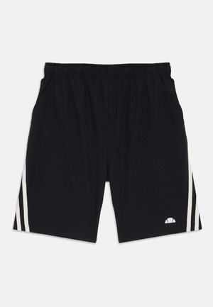 Black athletic shorts with an elastic waistband, side pockets, and two vertical white stripes on each side. Features a small logo on the lower front.
