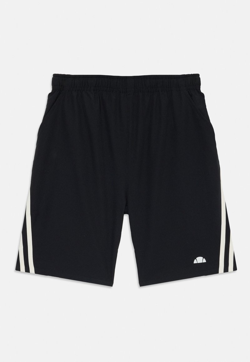 Calções de desporto pretos com um cós elástico, bolsos laterais e duas riscas brancas verticais de cada lado. Apresenta um pequeno logótipo na parte inferior da frente.