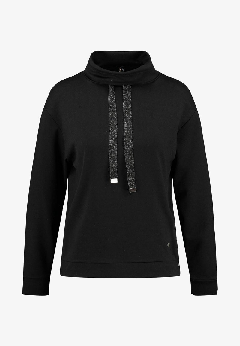 Felpa nera con colletto alto, lacci scintillanti, maniche lunghe e vestibilità comoda. Tessuto liscio e polsini a coste.