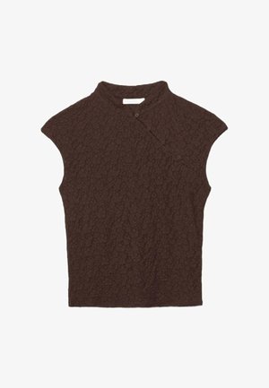 Ærmeløs mørkebrun tekstureret top med høj krave og asymmetrisk knappet klap på frontens højre side.