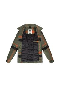 Green and orange plaid jacket with a collar, zip closure, and a black quilted inner lining; features a chest pocket.
