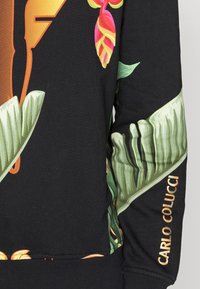 Felpa nera con vivaci grafiche floreali in tonalità di verde, rosa e arancione. Nome del marchio "CARLO COLUCCI" in oro sulla manica.