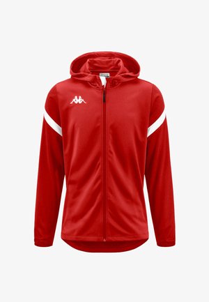 Felpa con cappuccio rossa con maniche lunghe, cerniera frontale, strisce laterali bianche, un cappuccio e un logo posizionato sul petto. Tessuto dalla texture liscia.