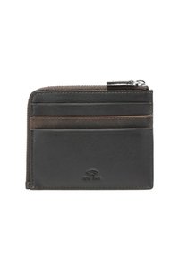 Black leather wallet with zipper, featuring card slots and a brown accent stripe. Smooth texture with a logo in the bottom center.