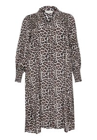 Robe à imprimé léopard en tissu léger, avec un col en V, des manches longues bouffantes et des poignets élastiques. Design ample et longueur genou.